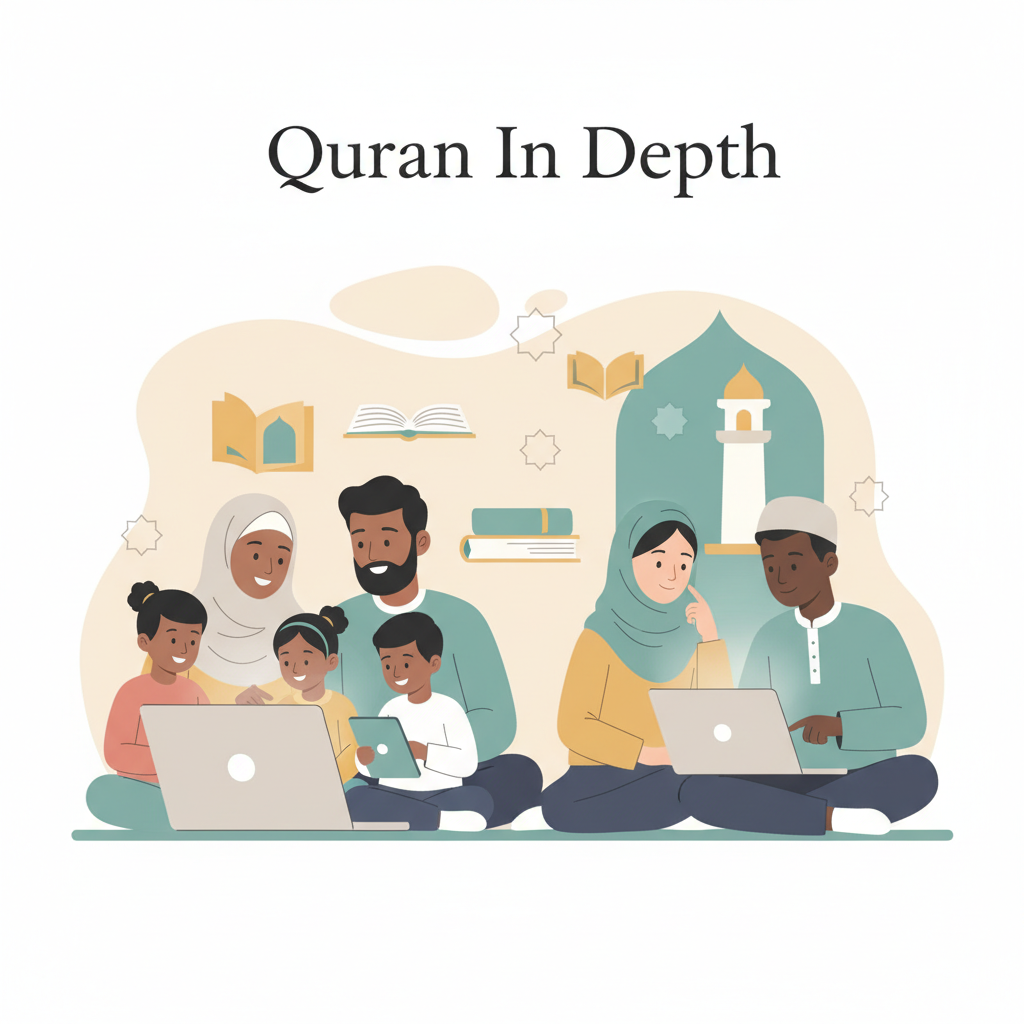 Illustration of families, children, adults, and new converts benefiting from online Islamic education platforms