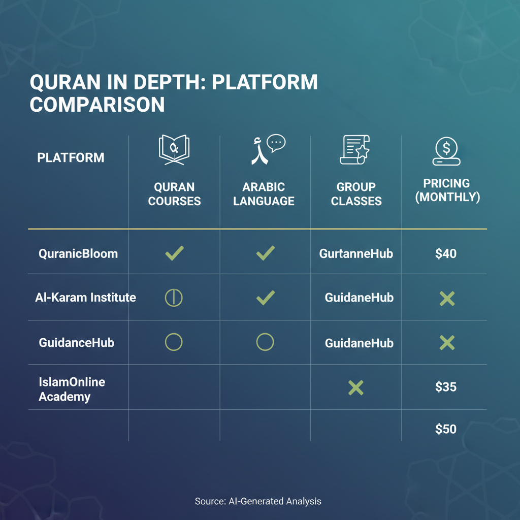 Infographic comparing features of Quran In Depth alternatives and top online Islamic education platforms